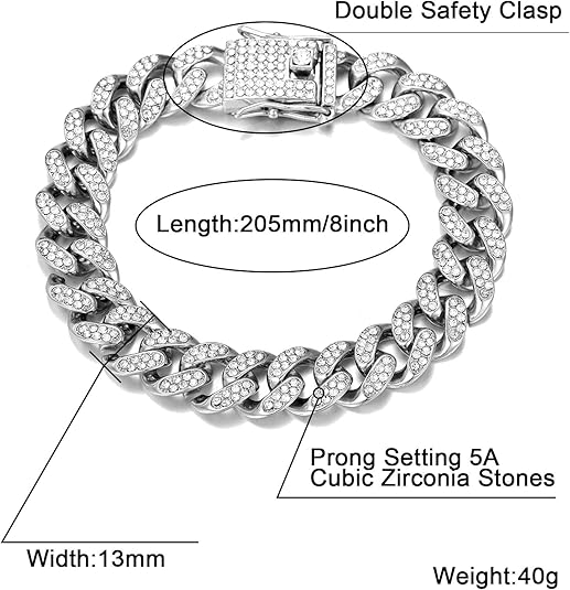 FEEL STYLE Iced Out Cuban Bracelet 13MM Bling Zirconia Cuban Miami Chain Bangle Jewelry for Men Women Hip Hop Bracelets Jewelry 8.5inch