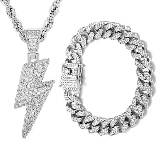 Lightning Bolt Pendant & Iced Out Cuban Bracelet Combo – Hip Hop Jewelry for Men & Women, 18k Gold Plated & Bling Zirconia