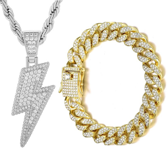 Lightning Bolt Pendant & Iced Out Cuban Bracelet Combo – Hip Hop Jewelry for Men & Women, 18k Gold Plated & Bling Zirconia